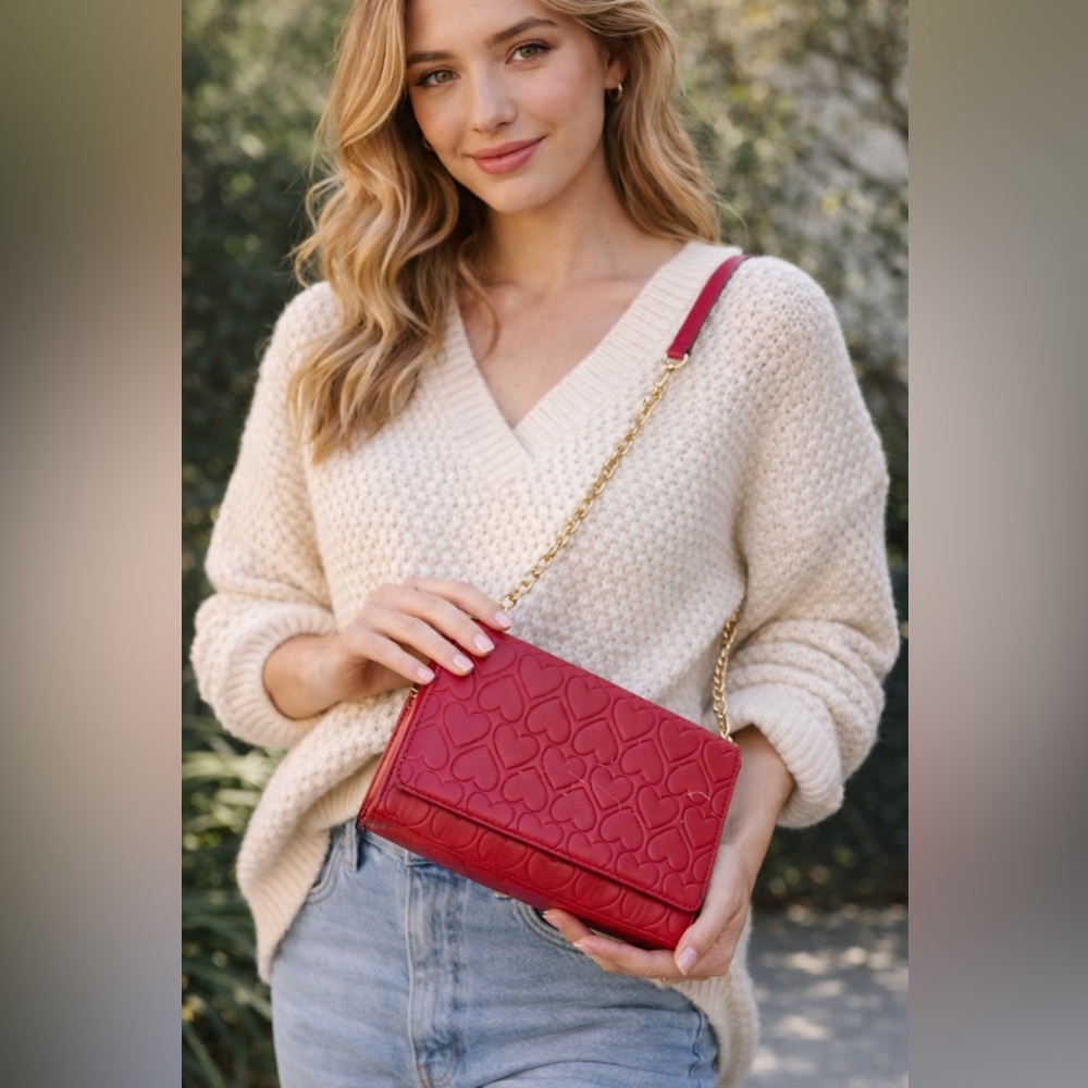 Tory Burch Heart embossed Red Leather Crossbody Purse